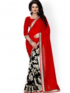 Heena Red & White Georgette Floral Print Saree