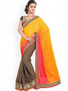 Anoha Orange & Black Georgette Jacquard Partywear Saree