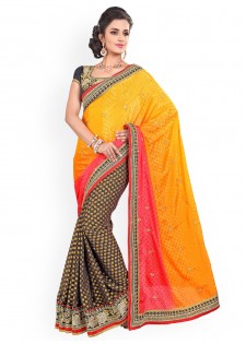 Anoha Orange & Black Georgette Jacquard Partywear Saree