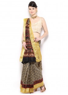 Anouk Beige & Black Printed Art Silk Fashion Saree