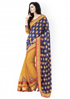 Indian Women Blue & Mustard Yellow Jacquard Fashion Saree