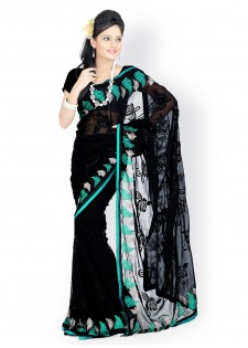 Designersareez Black Embroidered Faux Georgette Partywear Saree