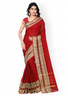 Inddus Red Cotton & Art Silk Traditional Saree