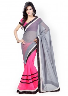 Kalista Grey & Pink Chiffon Fashion Saree