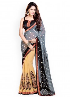 Mirchi Fashion Grey & Beige Embroidered Faux Georgette Fashion Saree