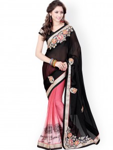 Mirchi Fashion Black & Pink Embroidered Satin Chiffon Fashion Saree