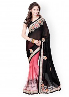 Mirchi Fashion Black & Pink Embroidered Satin Chiffon Fashion Saree