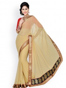 Saree Swarg Cream-Coloured Faux Chiffon Partywear Saree
