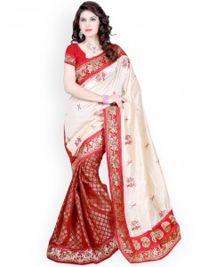 Triveni Off-White & Maroon Embroidered Art Silk Fashion Saree