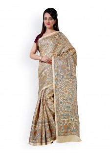 Saree mall Beige Khadi Silk Floral Print Saree