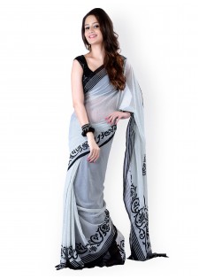 Moiaa White and Black Georgette Printed Saree